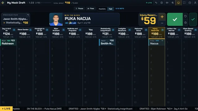 A live FF Drafter salary-cap auction with a player on the block