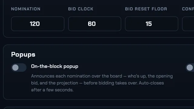 FF Drafter timer settings: nomination, bid clock, bid reset floor and confirmation