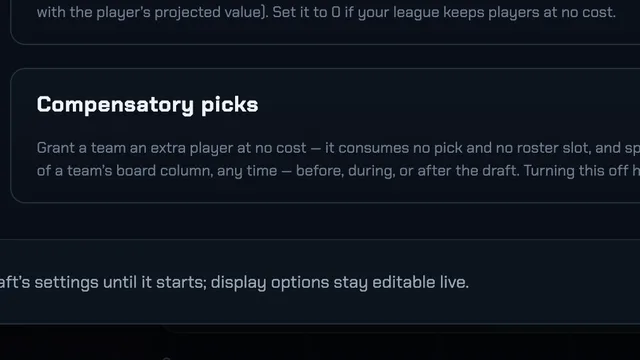 The compensatory-picks setting in FF Drafter