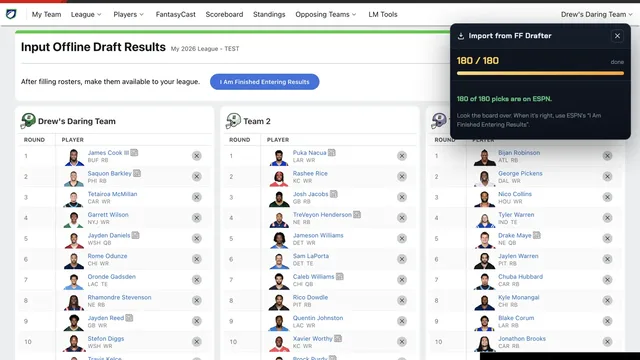 The FF Drafter Chrome extension entering picks into ESPN