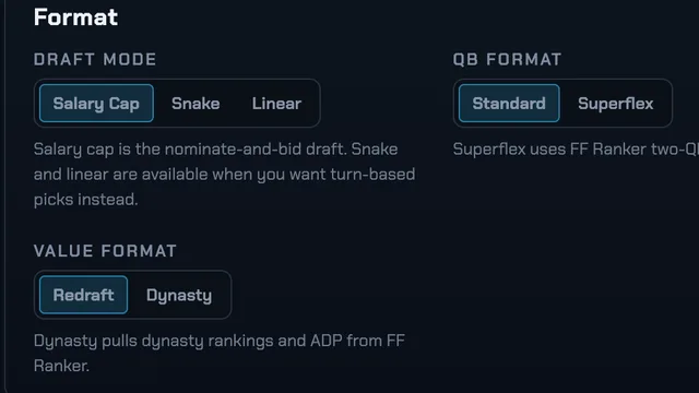 FF Drafter format settings: draft mode, QB format and value format