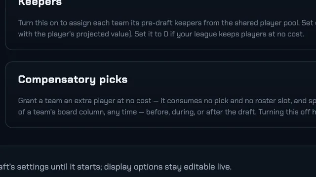 The keepers and compensatory-picks settings in FF Drafter