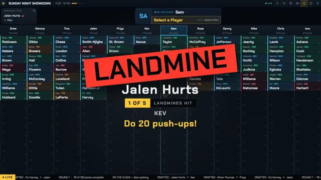 A landmine detonating on the FF Drafter board after a player is drafted