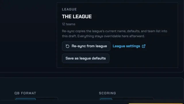 FF Drafter league defaults, with Re-sync from league and Save as league defaults