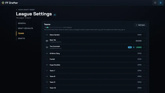 The FF Drafter league Teams page with seat status