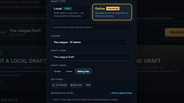 Choosing between a free Local draft and a Premium Online draft in FF Drafter