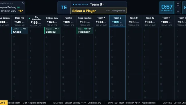 An FF Drafter Online draft with a manager on the clock