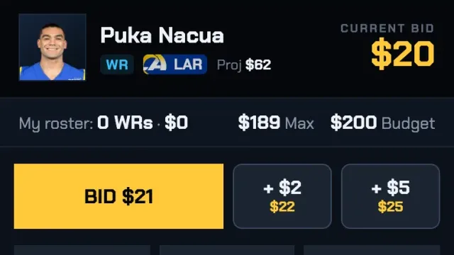 Bidding in an FF Drafter salary-cap draft from a phone