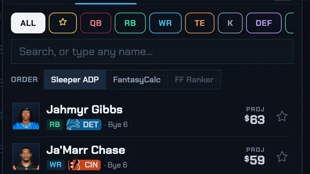 The FF Drafter player list with projected values, byes and ADP ordering