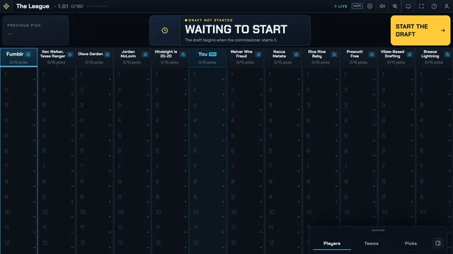 The FF Drafter board waiting to start, with a Start the Draft button