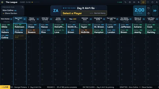 The FF Drafter TV board running a snake draft