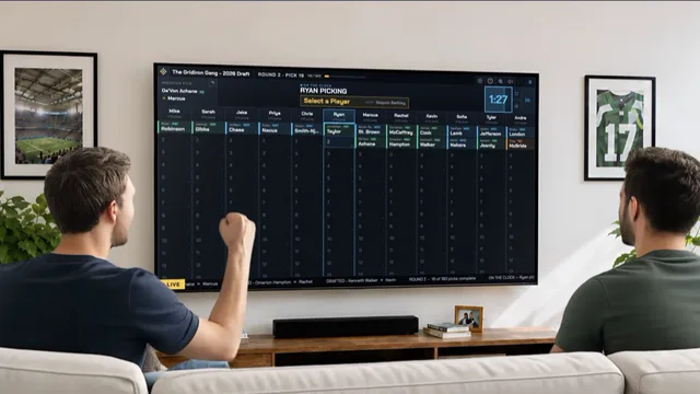 A live FF Drafter auction on the TV board in a living room