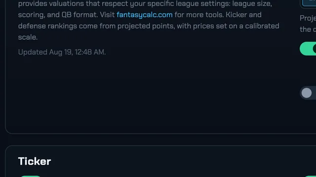 The FF Drafter projected-values setting: show, hide until drafted, or hide