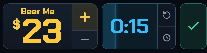 The bid controls: high bidder and amount with plus/minus, the clock with reset and set, and the confirm check