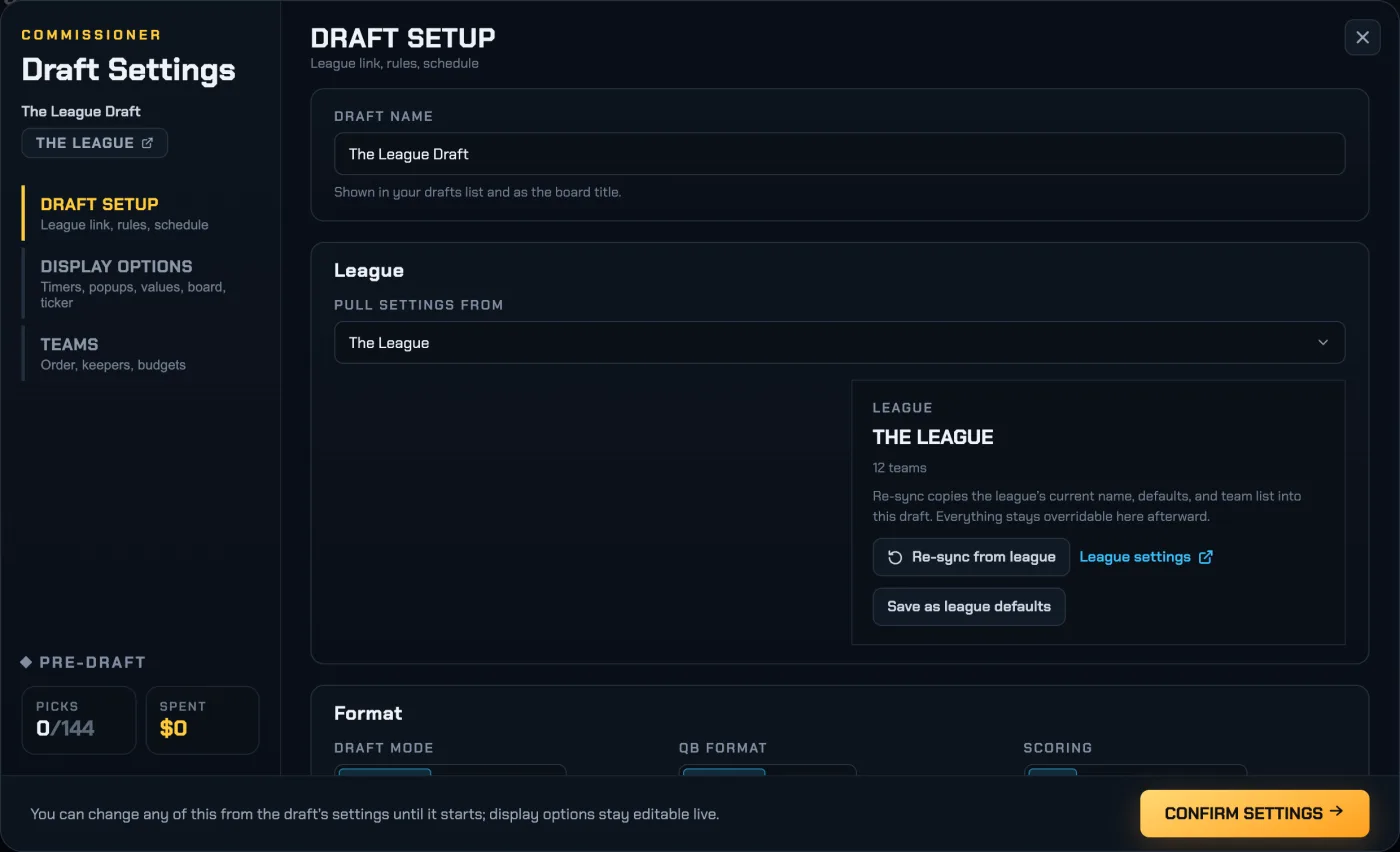Draft Settings: Draft Setup, Display Options, and Teams tabs, with the Confirm Settings bar