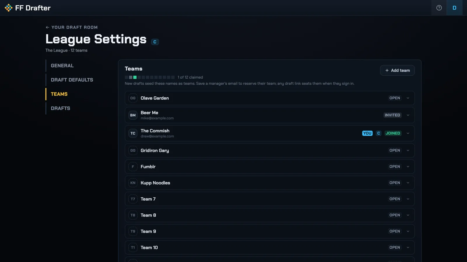 League Settings, Teams tab: team names with open, invited, and claimed seats