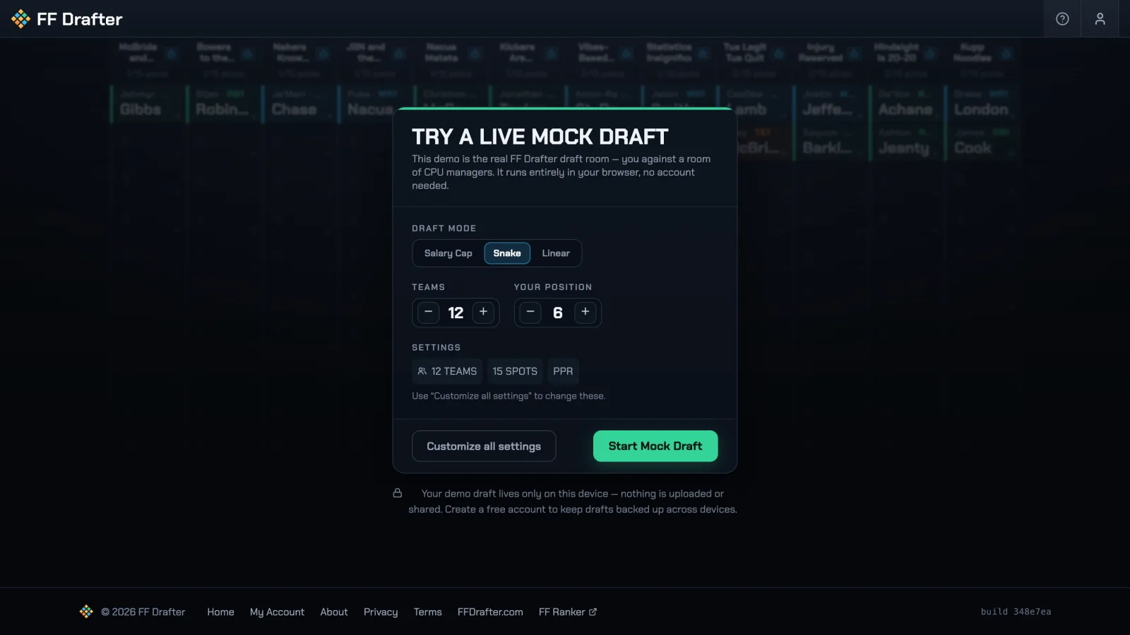 The mock draft setup card: draft mode, teams, your position, and CPU pick speed – over a live board