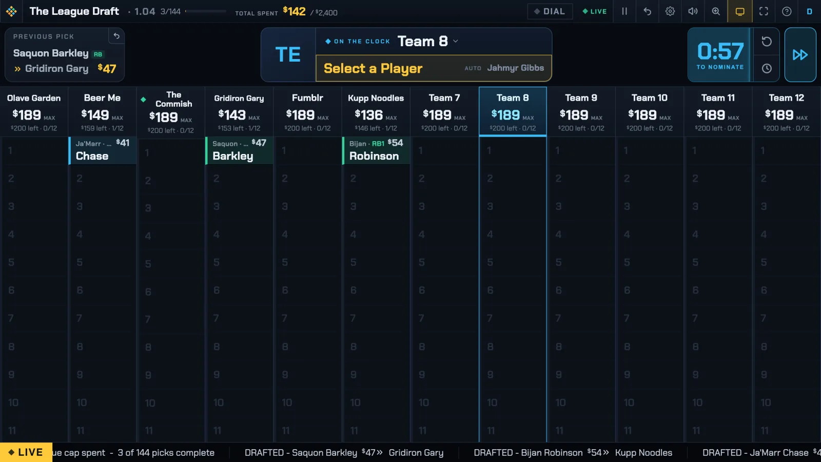 A nomination turn on the board: Select a Player, with the auto-nominate suggestion showing