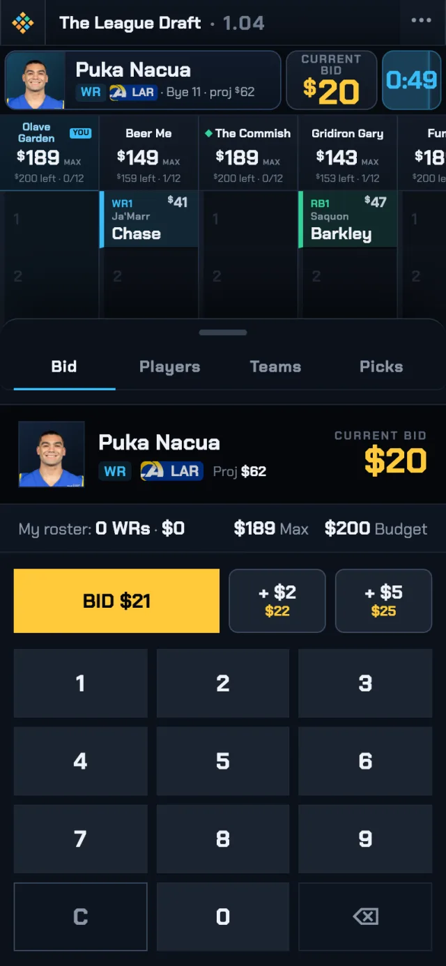 The Bid sheet on your phone: the current bid, a one-tap BID button, quick raises, and a keypad