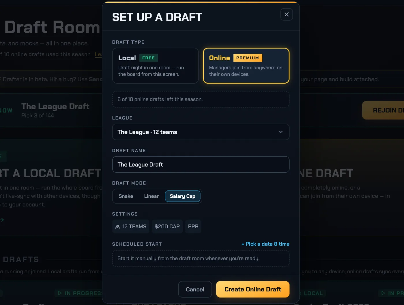 The Set Up a Draft dialog: Local or Online, league, draft name, draft mode, and Create Online Draft