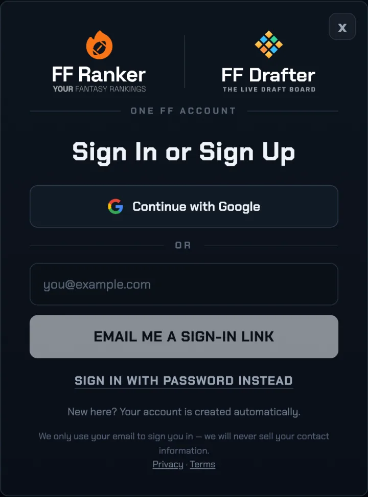 The FF Drafter sign-in dialog: continue with Google, or get a sign-in link by email