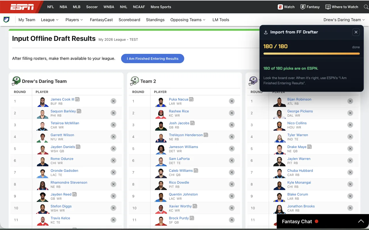 The FF Drafter import panel on ESPN's offline draft page: 180 of 180 picks entered