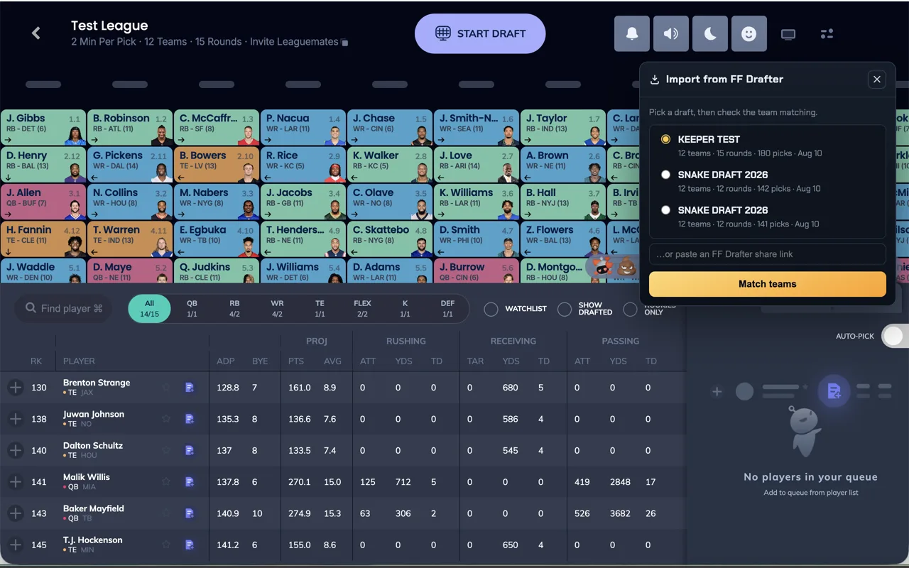 The FF Drafter import panel filling a Sleeper draft board