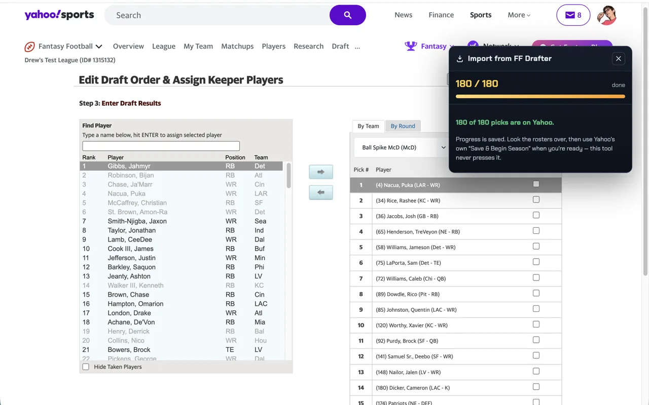 The FF Drafter import panel on Yahoo's Submit Draft Results page: 180 of 180 picks entered